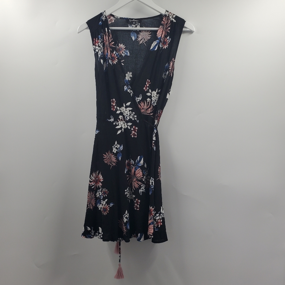 Lulu's Floral Wrap Dress Tassels Black LBD Boho Dark Floral Girly